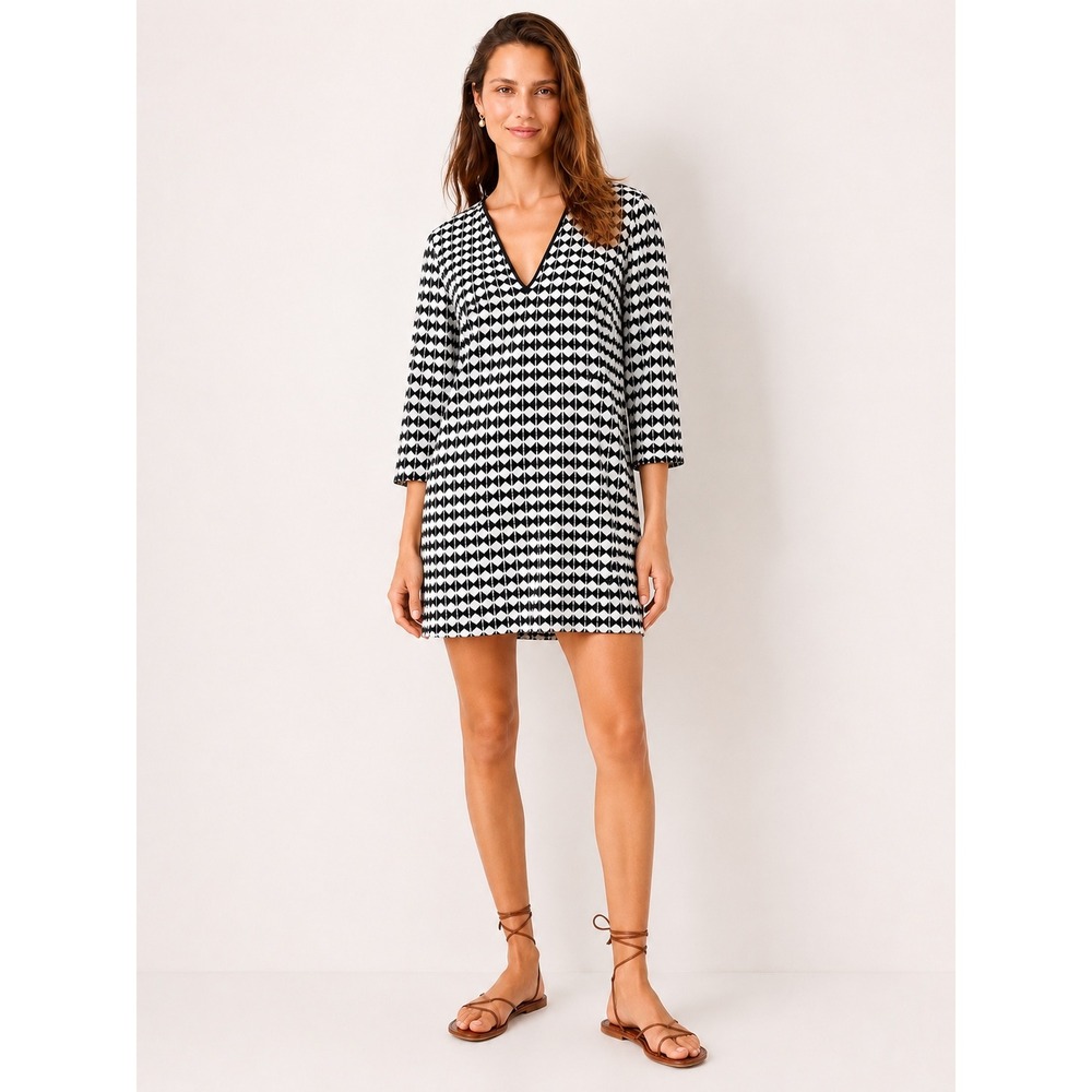 J.Crew Womens Geometric Shift Dress Me Beach Mod Black White Mini V-Neck